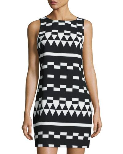Geometric-print Sleeveless Shift Dress, Black/white