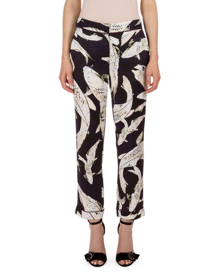 Giulia Koi Pond Cropped Cigarette Pants, Navy/ecru