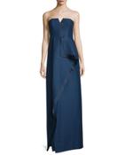 Strapless Structured Faille Draped Column Gown, Navy