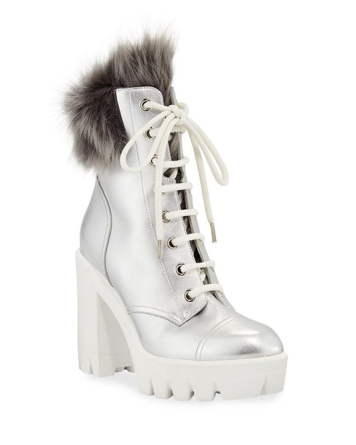 Metallic Platform Combat Boots With Fur
