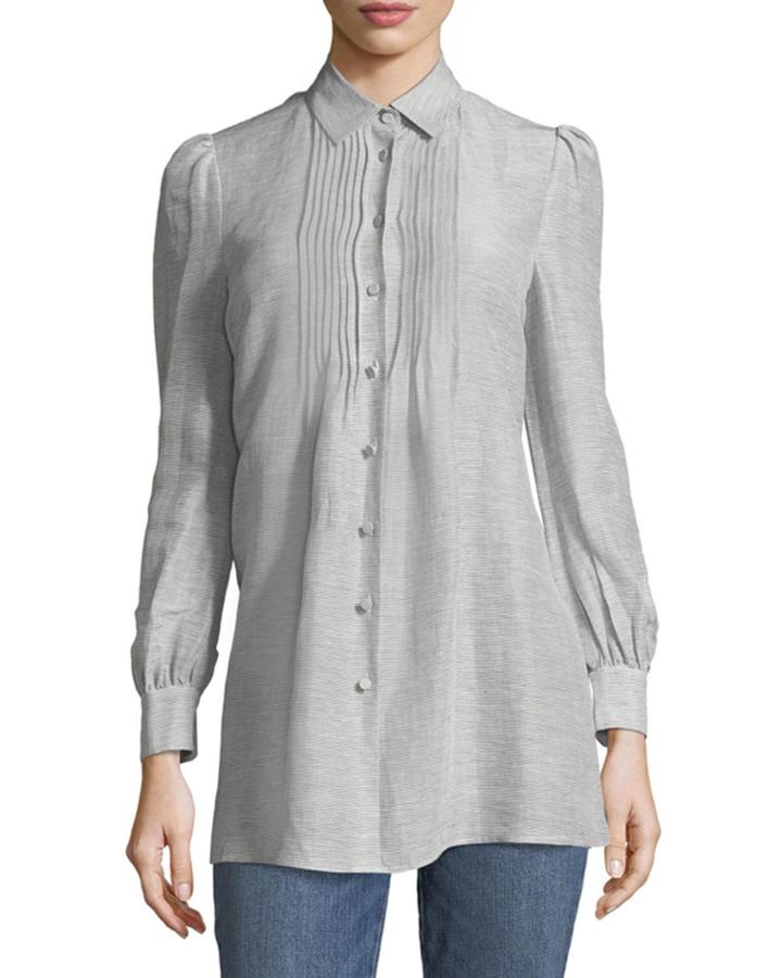 Button-front Striped Silk-linen