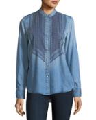 Embroidered Chambray Button-front Blouse