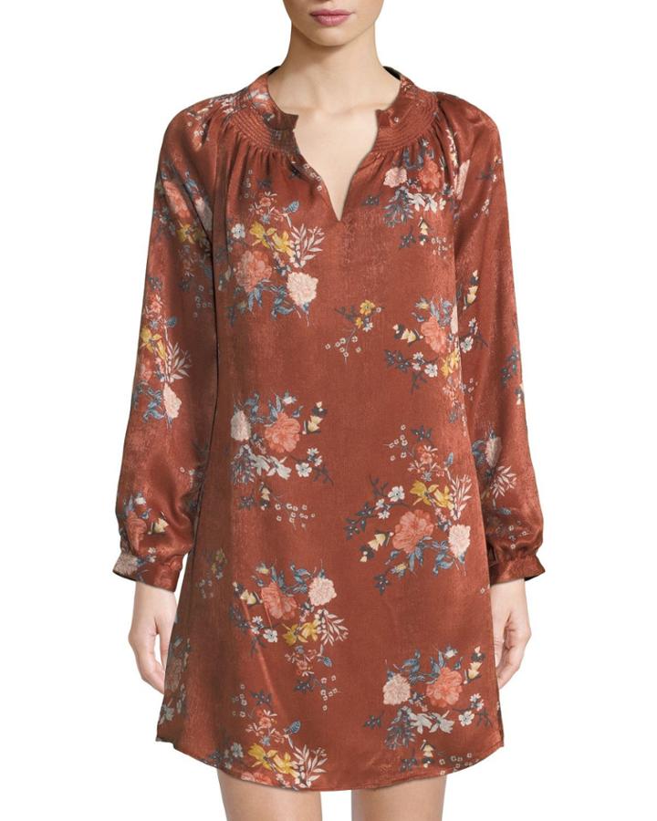 Smocked-neck Floral Charmeuse