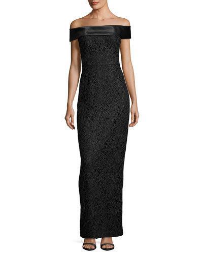 Off-the-shoulder Lace Column Gown, Black