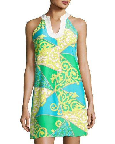 Kimberly Sleeveless Graphic Silk Shift Dress, Green/yellow