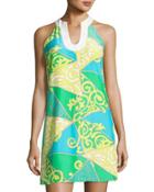 Kimberly Sleeveless Graphic Silk Shift Dress, Green/yellow