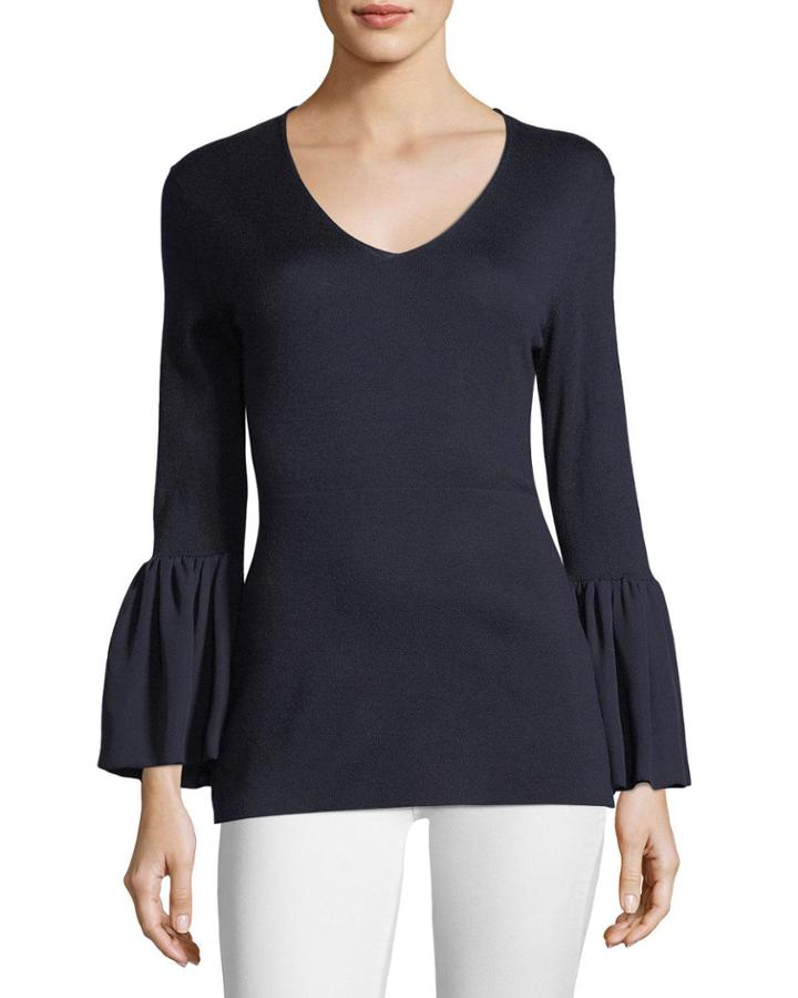 V-neck Ruffle-cuff Silk/cashmere