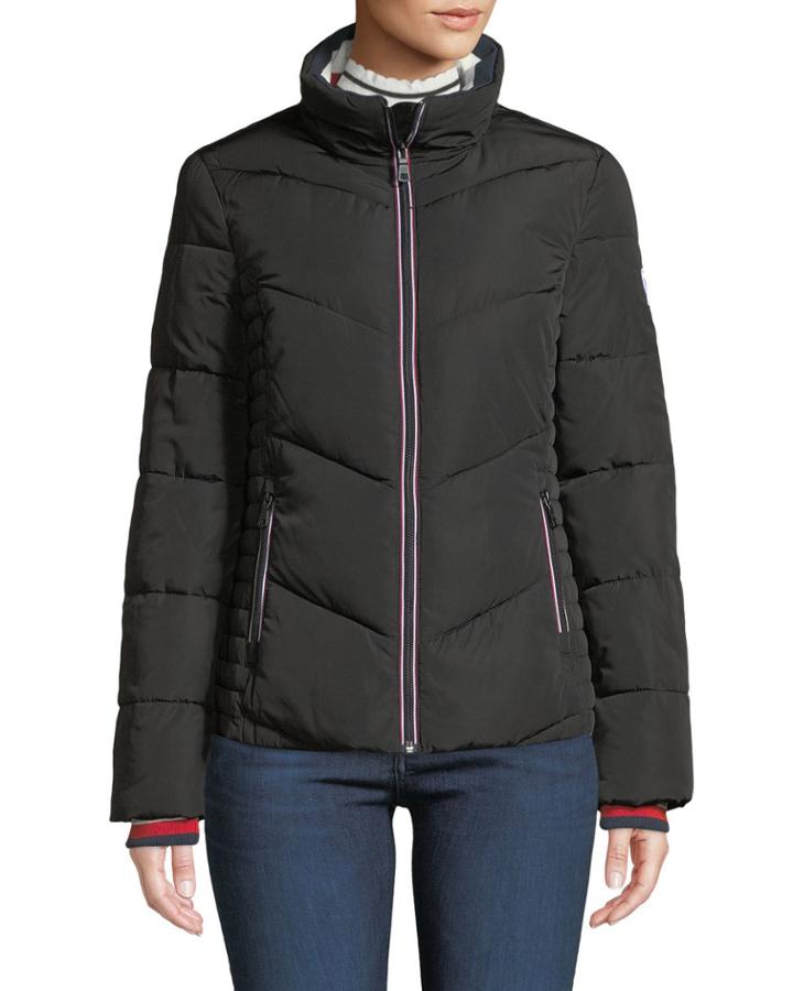 Stand-collar Knit-trim Puffer Jacket