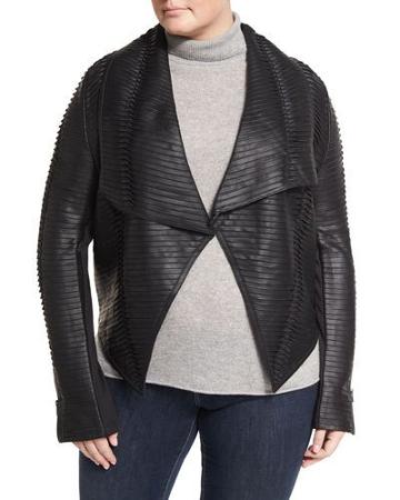 Faux-leather Striped Drape-front Jacket, Black,