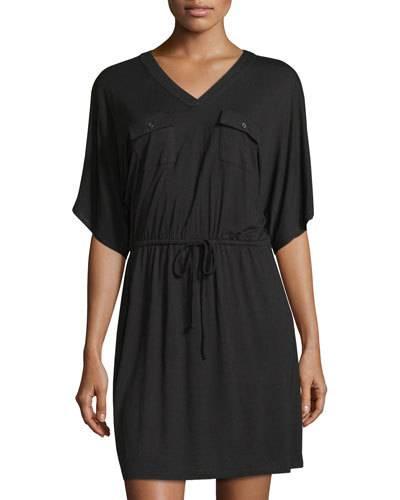 Dolman-sleeve Military-style Jersey Dress, Black