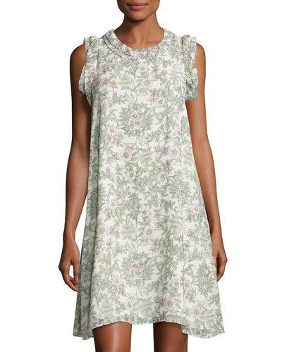 Pleated-trim Floral-print Georgette Dress, White Pattern