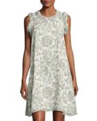 Pleated-trim Floral-print Georgette Dress, White Pattern