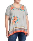Plus Size Aveline Floral Embroidered Scarf-trim Tunic Top