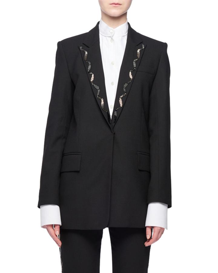 Hook-eye Closure Wool-blend Jacket W/ Beaded Collar
