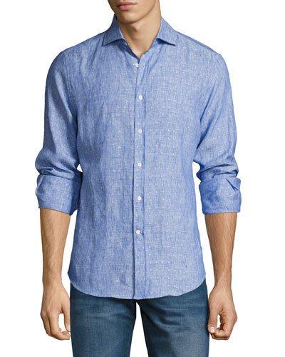 Italian-fit Linen Sport Shirt, Blue/white