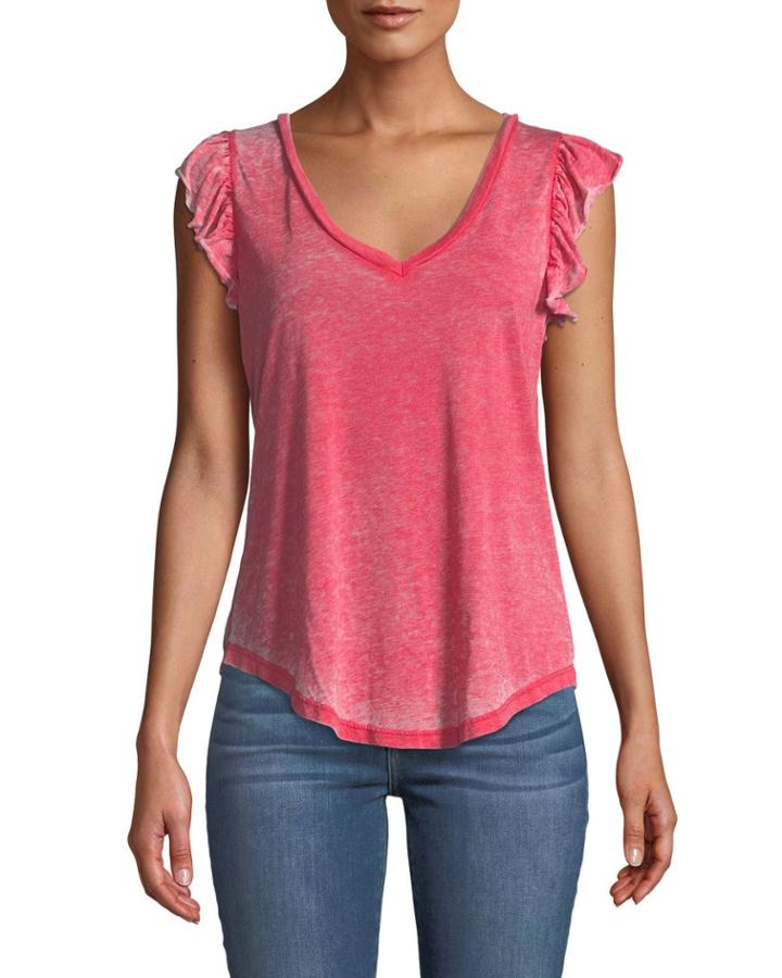 Distressed Flutter-sleeve V-neck Tee, Pink