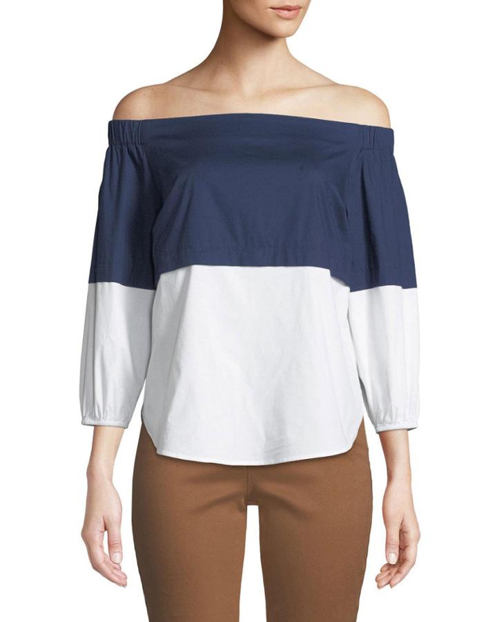 Off-the-shoulder Colorblocked Poplin Blouse