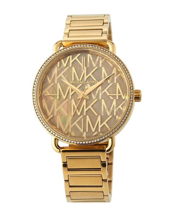 36.5mm Portia Logo Bracelet Watch W/ Crystals, Yellow Golden