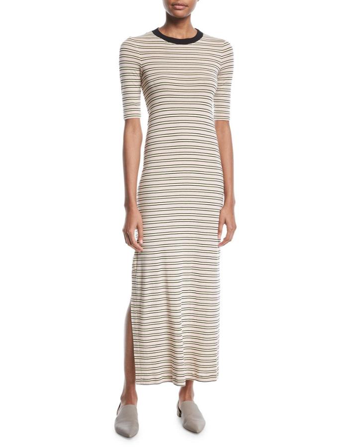 Crewneck Short-sleeve Striped Maxi T-shirt Dress