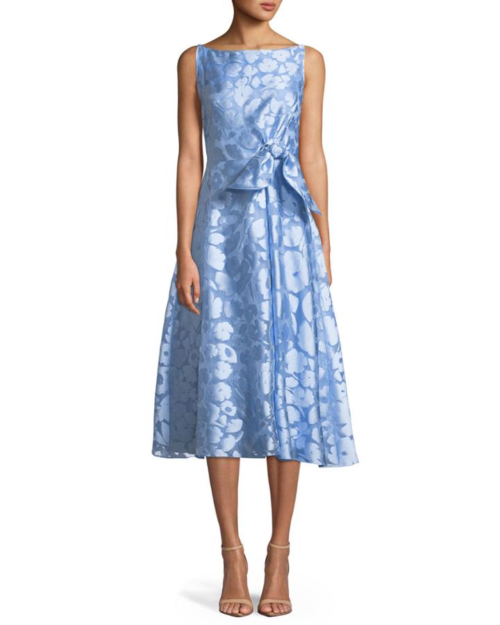Sleeveless Boat-neck Bow-front Fit-and-flare Jacquard Dress