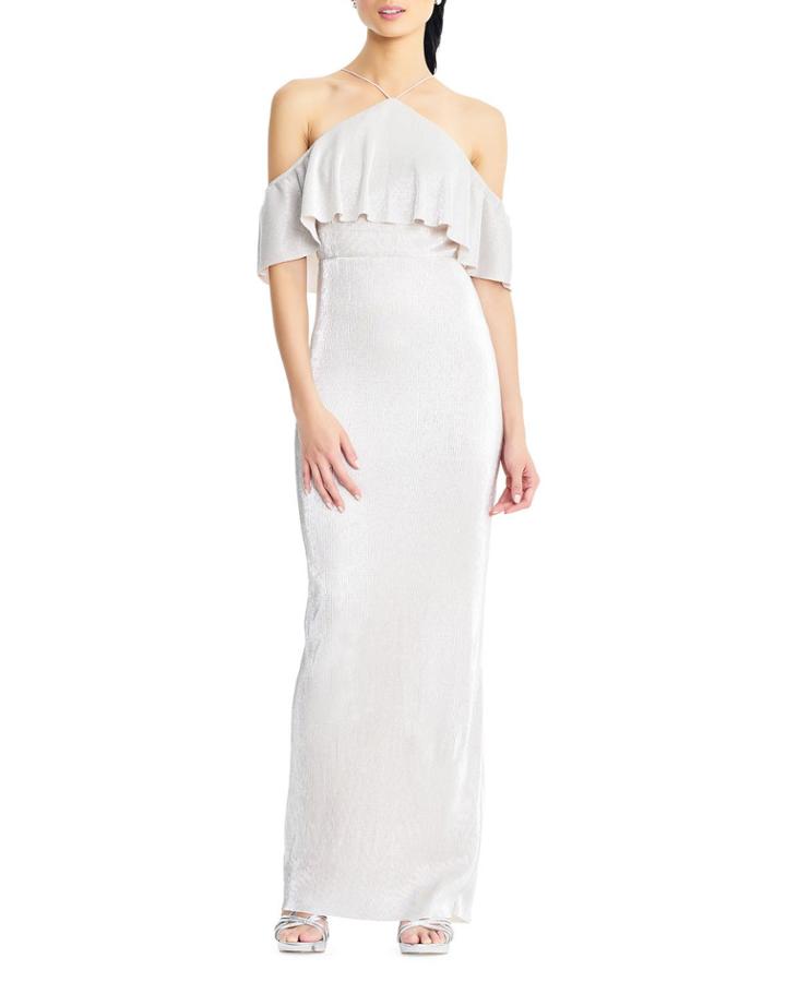 Haltered Off-the-shoulder Shimmer Column Gown