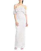 Haltered Off-the-shoulder Shimmer Column Gown