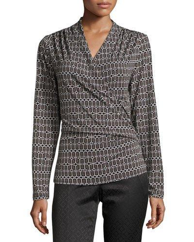 Geometric-print Faux-wrap Top, Black