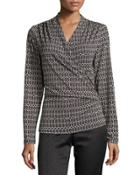 Geometric-print Faux-wrap Top, Black