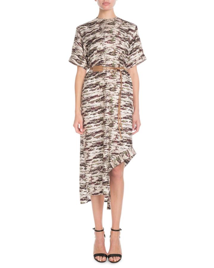 Short-sleeve Camo-print Shift Midi Dress W/