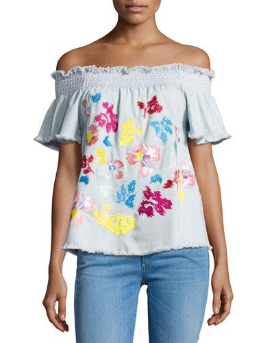 Carmen Embroidered Denim Top, Blue