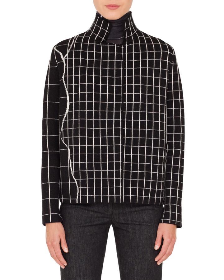Mock-neck Marble-tiles Intarsia Knit Cashmere Jacket