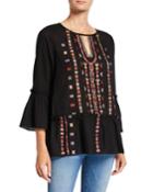 Embroidered 3/4-sleeve Boho Top