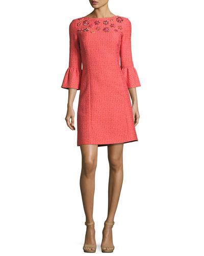 Jeweled Bell-sleeve Tweed Dress, Pink/multi