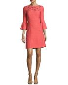 Jeweled Bell-sleeve Tweed Dress, Pink/multi