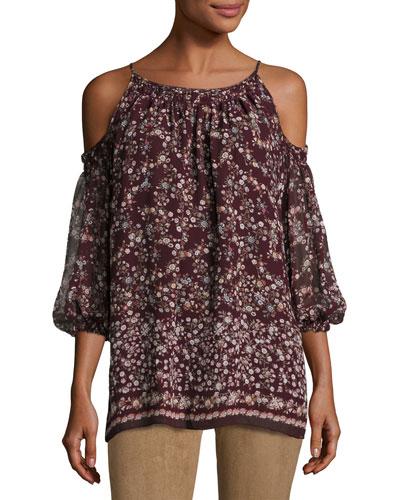 Cold-shoulder Floral-print Top, Bordeaux