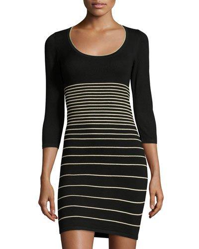 Striped 3/4-sleeve Sweaterdress, Black/white