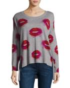 Lip-print Split-side Sweater, Gray/red