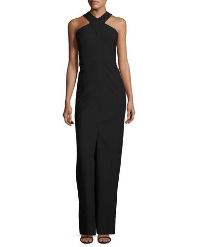 Mila Sleeve Stretch Crepe Racerback Gown, Black/white