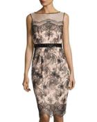 Embroidered Sequined Sheath Dress, Dark Beige