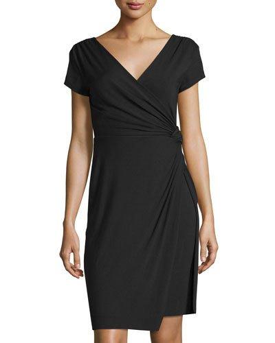 Cap-sleeve Faux-wrap Dress, Black