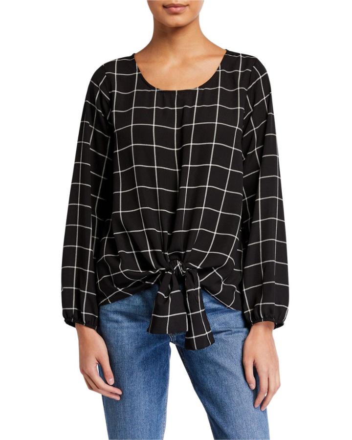 Windowpane Long-sleeve Tie-front Woven Top