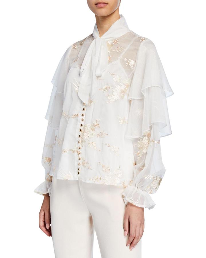Composition Floral Embroidered Tiered-sleeve Blouse