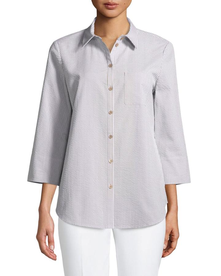 Paget Gingham Wide-sleeve Button-front Blouse