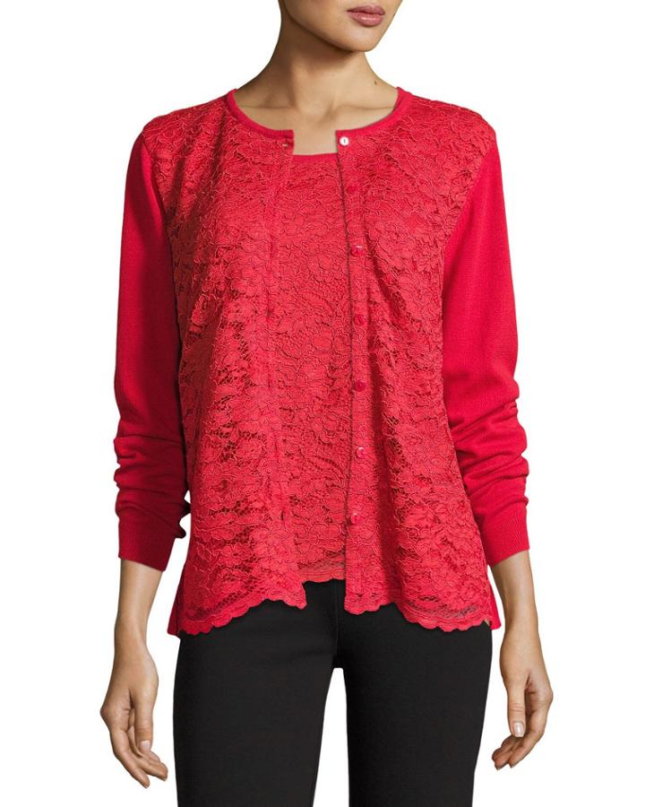 Petite Lace-inset Button-front Long-sleeve Cardigan