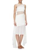 Rectangle-paneled Tulle-inset Dress, Calcite