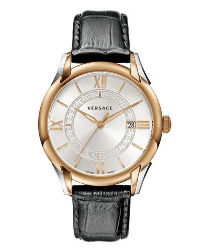 Apollo Watch W/ Calfskin Leather Strap, Rose Golden/black