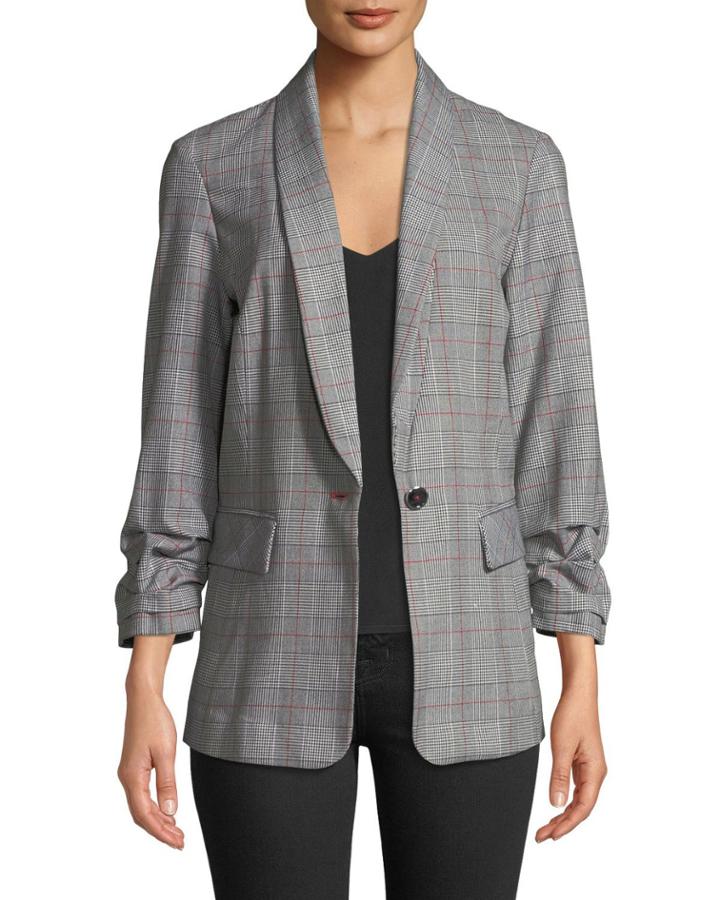 Ruched-sleeve Plaid Side-stripe Jacket