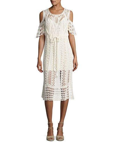 Cold-shoulder Macrame Midi Dress, White