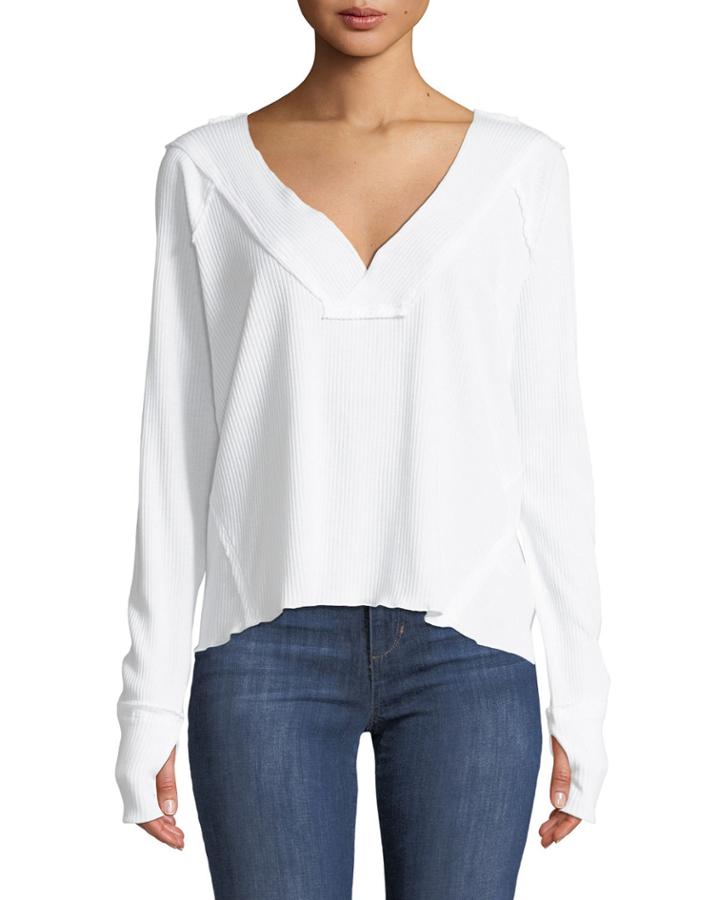 Ribbed Raw-edge V-neck Tee