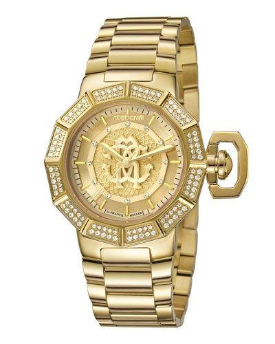 35mm Pav&eacute; Crystal Yellow Golden Stainless Steel Bracelet Watch